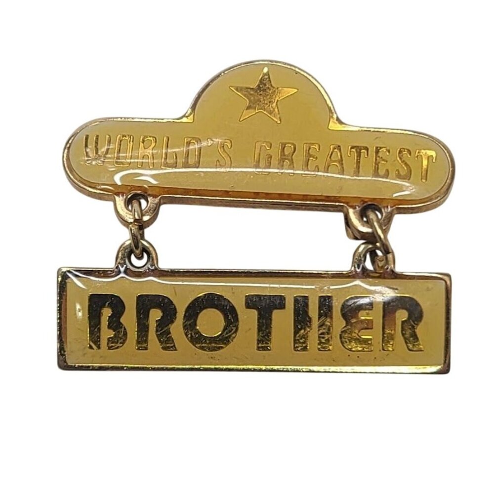 Vintage SWIB 1979 World’s Greatest Brother Gold Tone Dangle Pin Badge